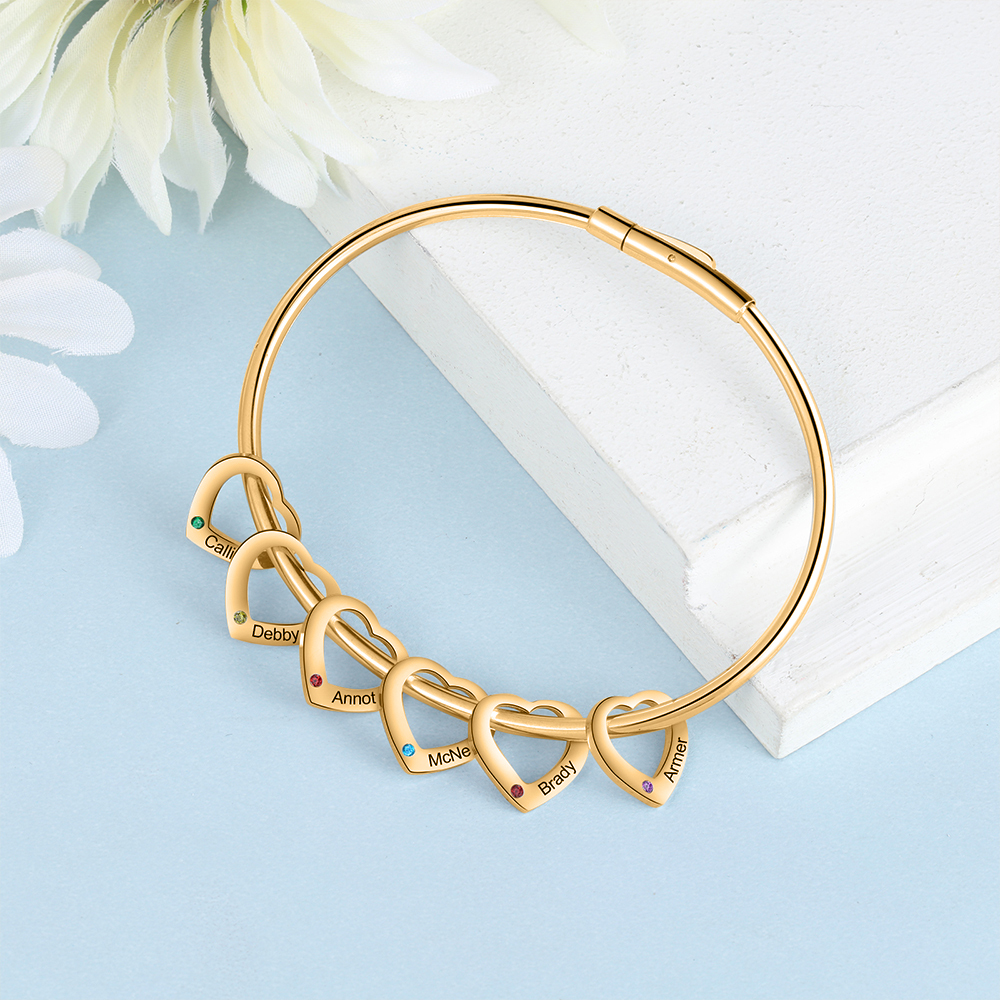 Bracciale Personalizzato da Donna a Forma di Cuore con 6 Nomi e 6 Pietre della Nascita - Oro o Argento - Regalo di San Valentino per Lei | Jessemade