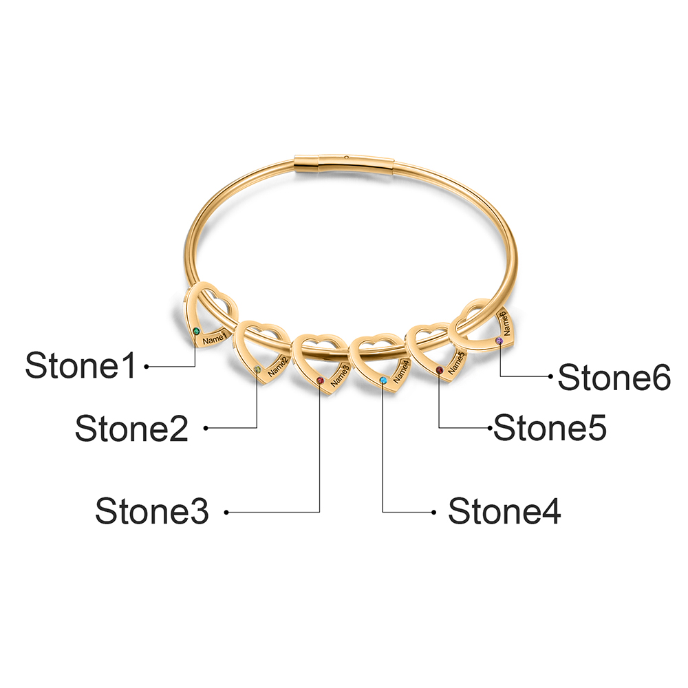 Bracciale Personalizzato da Donna a Forma di Cuore con 6 Nomi e 6 Pietre della Nascita - Oro o Argento - Regalo di San Valentino per Lei | Jessemade