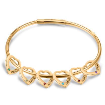 Bracciale Personalizzato da Donna a Forma di Cuore con 6 Nomi e 6 Pietre della Nascita - Oro o Argento - Regalo di San Valentino per Lei | Jessemade