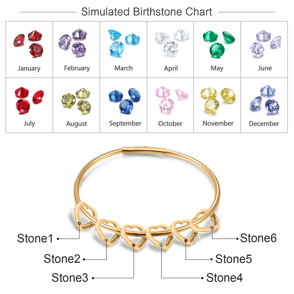 Bracciale Personalizzato da Donna a Forma di Cuore con 6 Nomi e 6 Pietre della Nascita - Oro o Argento - Regalo di San Valentino per Lei | Jessemade
