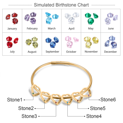Bracciale Personalizzato da Donna a Forma di Cuore con 6 Nomi e 6 Pietre della Nascita - Oro o Argento - Regalo di San Valentino per Lei | Jessemade
