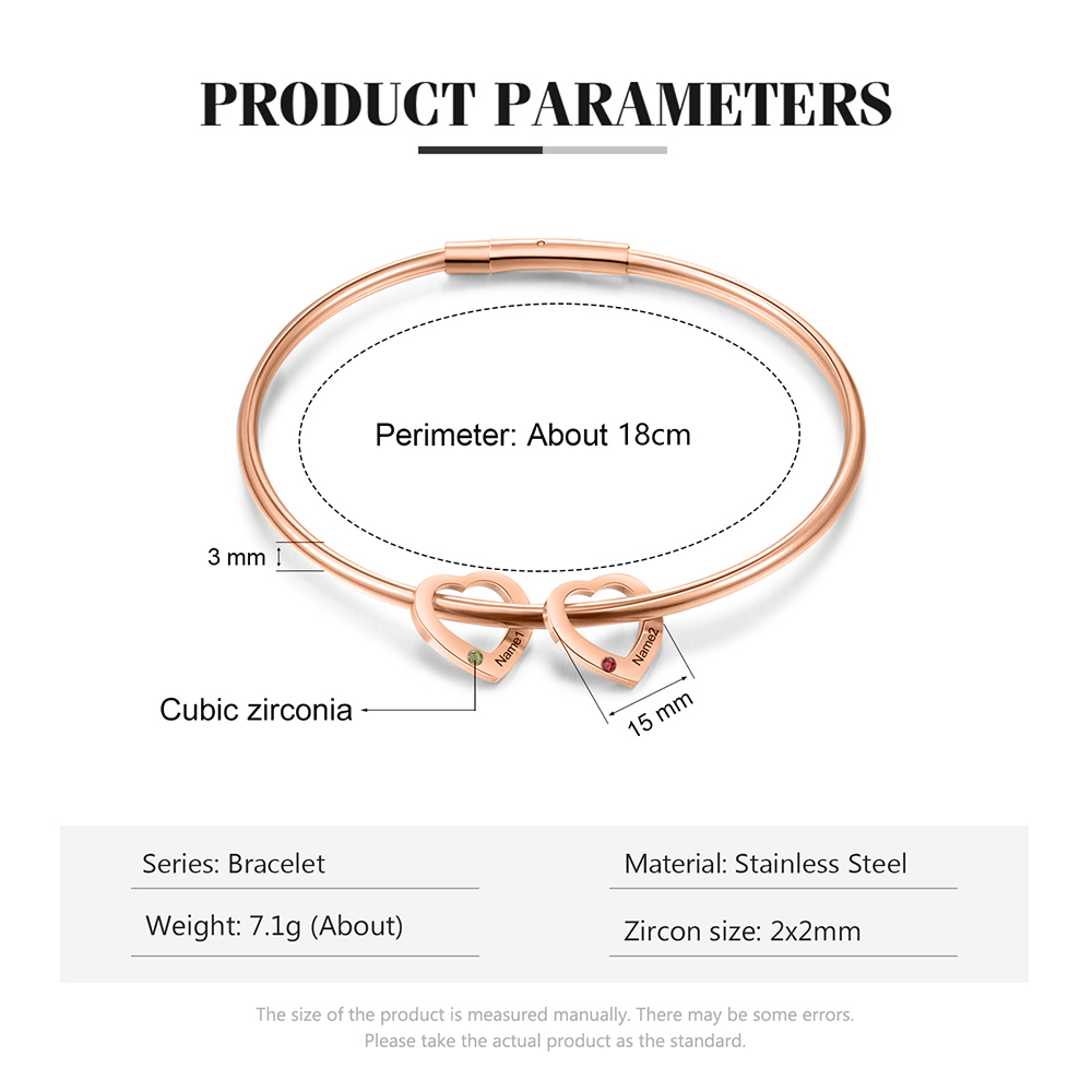Bracciale Personalizzato da Donna a Forma di Cuore con 2 Nomi e 2 Pietre della Nascita - Argento, Oro o Oro Rosa - Regalo di San Valentino per Lei | Jessemade