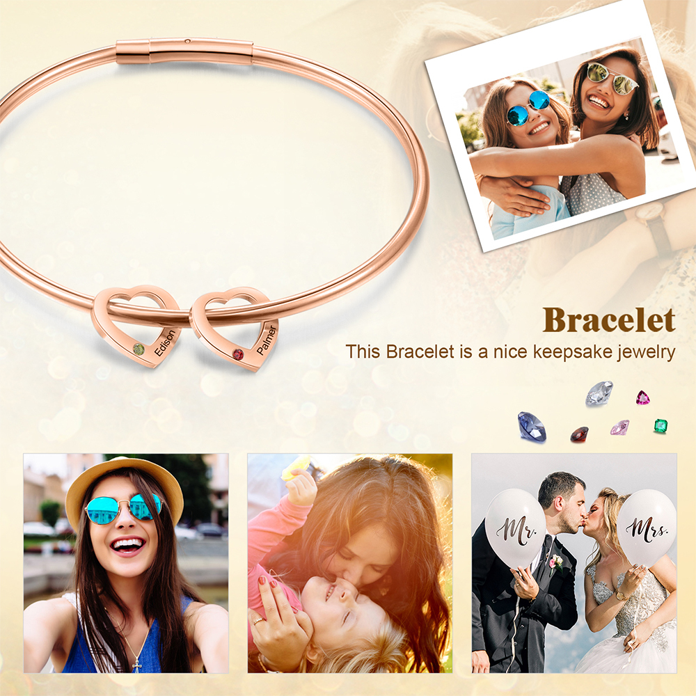 Bracciale Personalizzato da Donna a Forma di Cuore con 2 Nomi e 2 Pietre della Nascita - Argento, Oro o Oro Rosa - Regalo di San Valentino per Lei | Jessemade