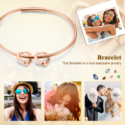 Bracciale Personalizzato da Donna a Forma di Cuore con 2 Nomi e 2 Pietre della Nascita - Argento, Oro o Oro Rosa - Regalo di San Valentino per Lei | Jessemade