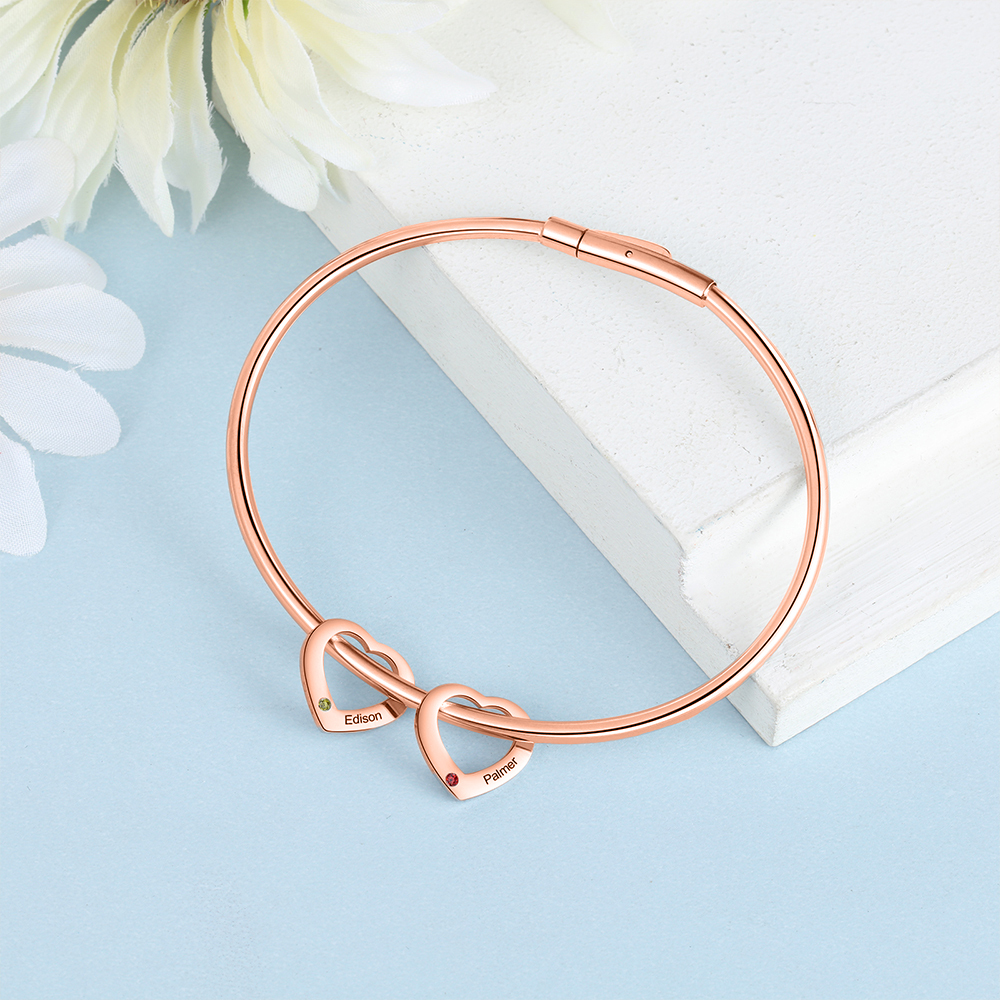 Bracciale Personalizzato da Donna a Forma di Cuore con 2 Nomi e 2 Pietre della Nascita - Argento, Oro o Oro Rosa - Regalo di San Valentino per Lei | Jessemade