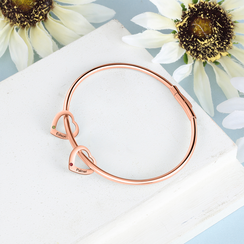 Bracciale Personalizzato da Donna a Forma di Cuore con 2 Nomi e 2 Pietre della Nascita - Argento, Oro o Oro Rosa - Regalo di San Valentino per Lei | Jessemade