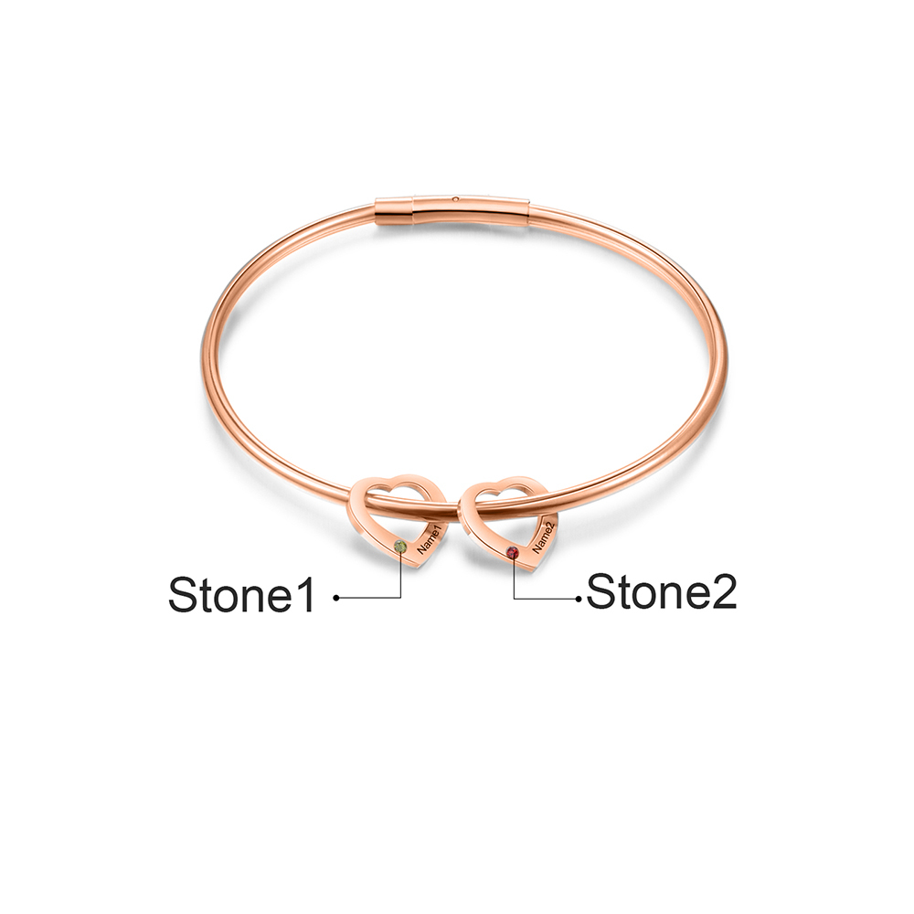 Bracciale Personalizzato da Donna a Forma di Cuore con 2 Nomi e 2 Pietre della Nascita - Argento, Oro o Oro Rosa - Regalo di San Valentino per Lei | Jessemade
