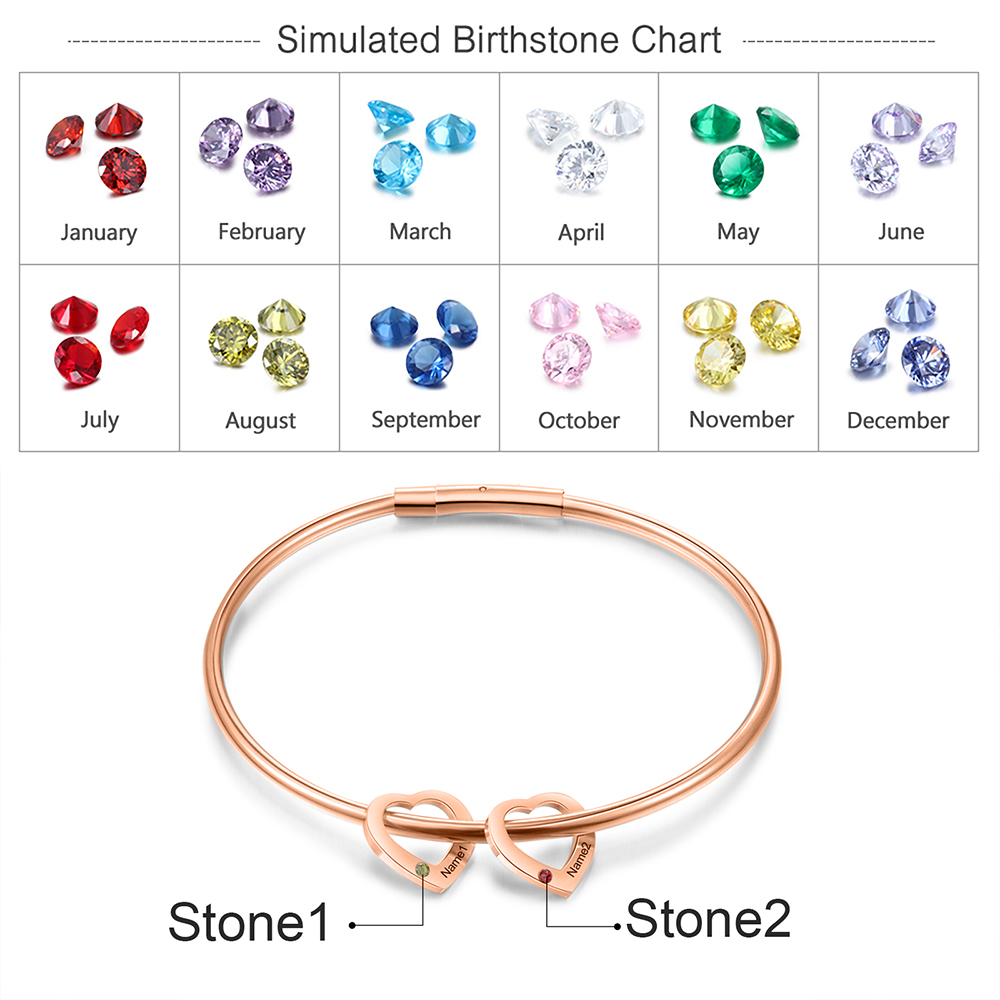 Bracciale Personalizzato da Donna a Forma di Cuore con 2 Nomi e 2 Pietre della Nascita - Argento, Oro o Oro Rosa - Regalo di San Valentino per Lei | Jessemade