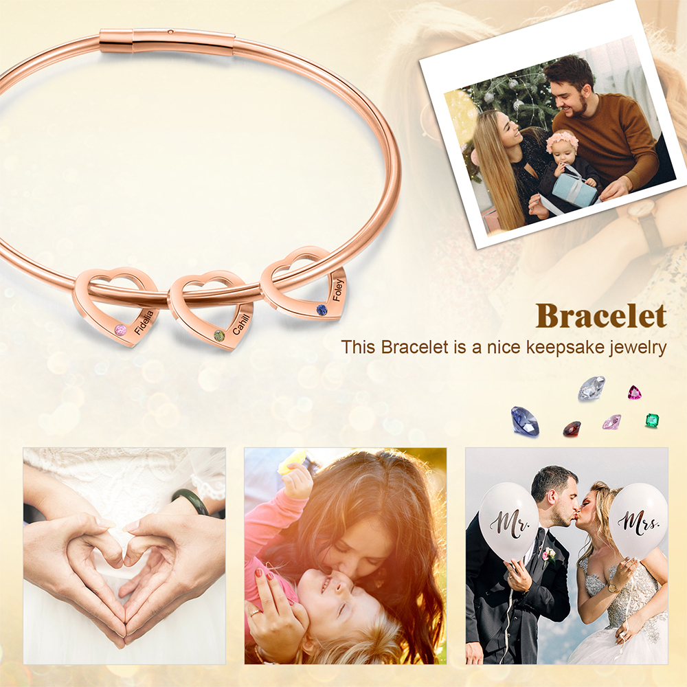 Bracciale Personalizzato da Donna a Forma di Cuore con 3 Nomi e 3 Pietre della Nascita - Argento, Oro o Oro Rosa - Regalo di San Valentino per Lei | Jessemade