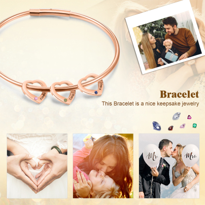 Bracciale Personalizzato da Donna a Forma di Cuore con 3 Nomi e 3 Pietre della Nascita - Argento, Oro o Oro Rosa - Regalo di San Valentino per Lei | Jessemade