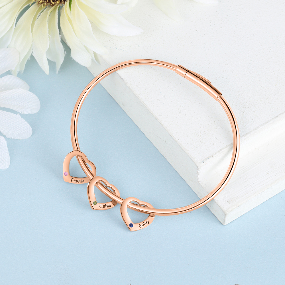Bracciale Personalizzato da Donna a Forma di Cuore con 3 Nomi e 3 Pietre della Nascita - Argento, Oro o Oro Rosa - Regalo di San Valentino per Lei | Jessemade