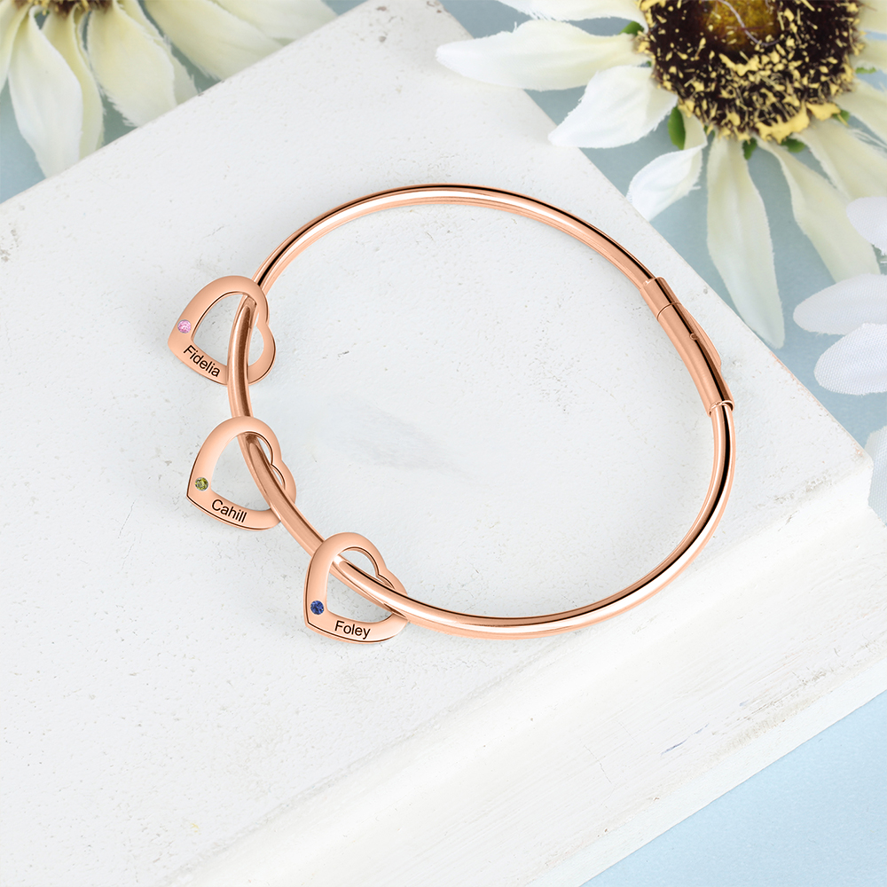 Bracciale Personalizzato da Donna a Forma di Cuore con 3 Nomi e 3 Pietre della Nascita - Argento, Oro o Oro Rosa - Regalo di San Valentino per Lei | Jessemade