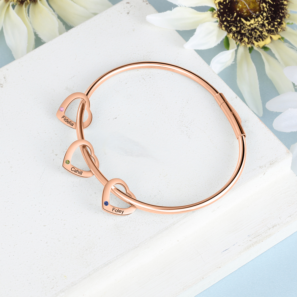 Bracciale Personalizzato da Donna a Forma di Cuore con 3 Nomi e 3 Pietre della Nascita - Argento, Oro o Oro Rosa - Regalo di San Valentino per Lei | Jessemade
