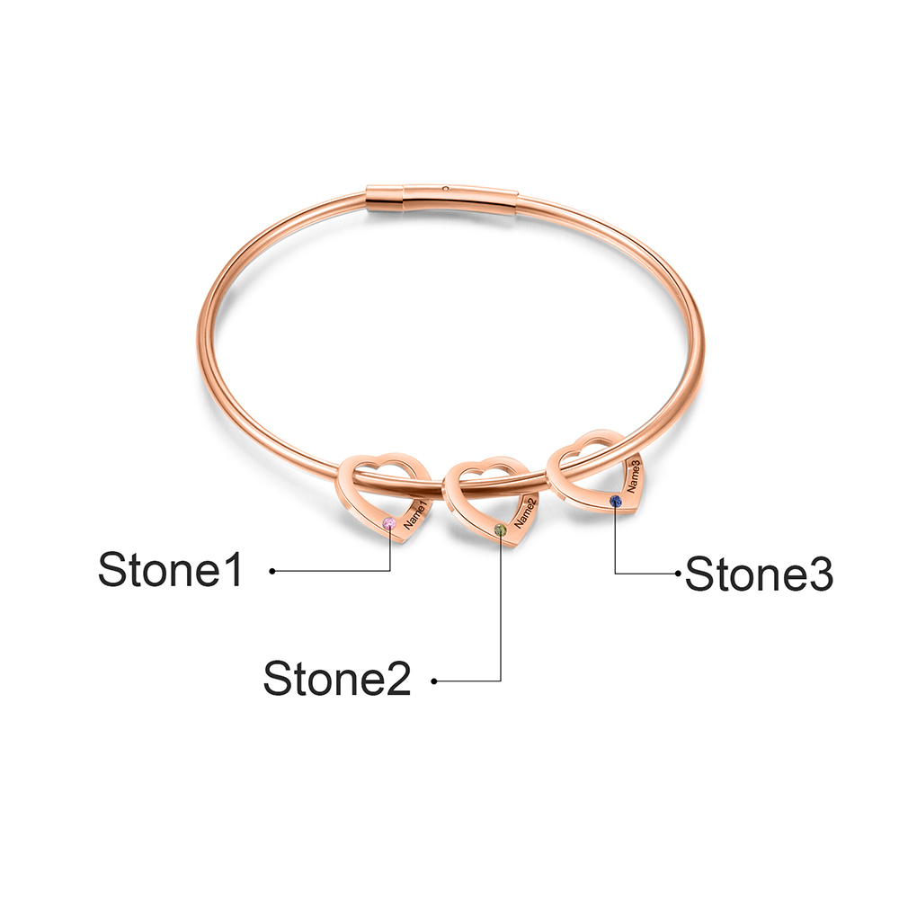 Bracciale Personalizzato da Donna a Forma di Cuore con 3 Nomi e 3 Pietre della Nascita - Argento, Oro o Oro Rosa - Regalo di San Valentino per Lei | Jessemade
