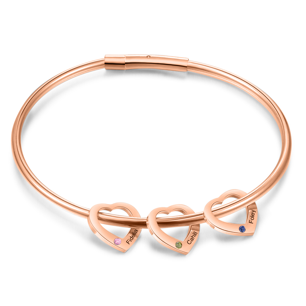 Bracciale Personalizzato da Donna a Forma di Cuore con 3 Nomi e 3 Pietre della Nascita - Argento, Oro o Oro Rosa - Regalo di San Valentino per Lei | Jessemade