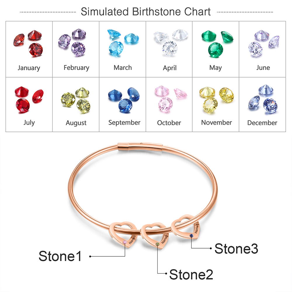 Bracciale Personalizzato da Donna a Forma di Cuore con 3 Nomi e 3 Pietre della Nascita - Argento, Oro o Oro Rosa - Regalo di San Valentino per Lei | Jessemade
