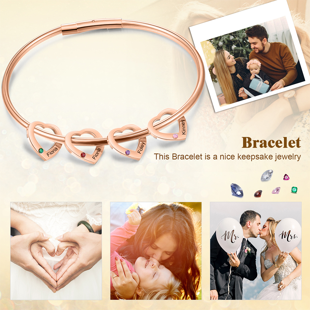 Bracciale Personalizzato da Donna a Forma di Cuore con 4 Nomi e 4 Pietre della Nascita - Argento, Oro o Oro Rosa - Regalo di San Valentino per Lei | Jessemade