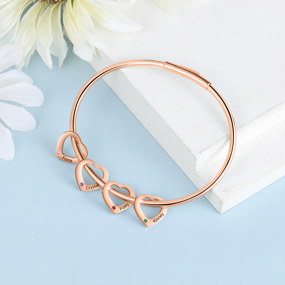 Bracciale Personalizzato da Donna a Forma di Cuore con 4 Nomi e 4 Pietre della Nascita - Argento, Oro o Oro Rosa - Regalo di San Valentino per Lei | Jessemade