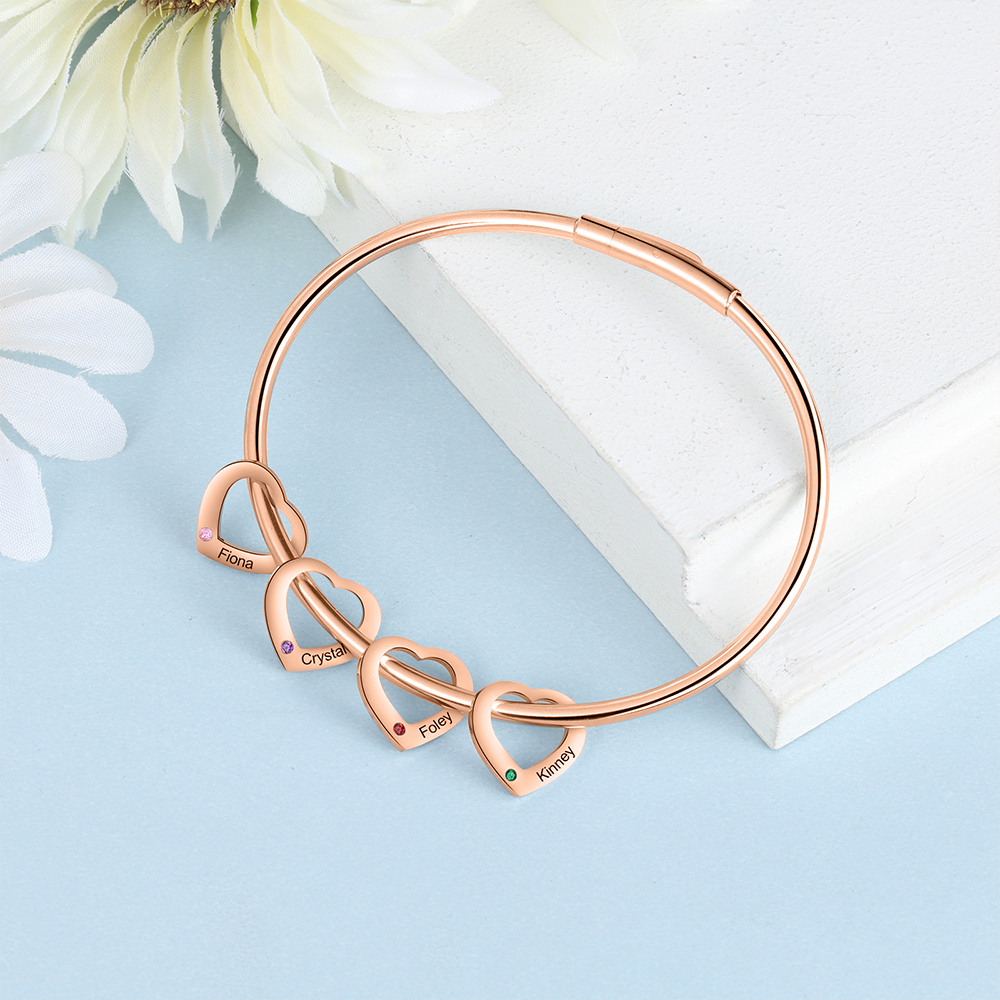 Bracciale Personalizzato da Donna a Forma di Cuore con 4 Nomi e 4 Pietre della Nascita - Argento, Oro o Oro Rosa - Regalo di San Valentino per Lei | Jessemade