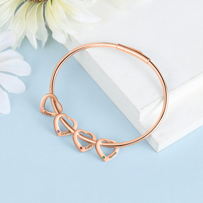Bracciale Personalizzato da Donna a Forma di Cuore con 4 Nomi e 4 Pietre della Nascita - Argento, Oro o Oro Rosa - Regalo di San Valentino per Lei | Jessemade