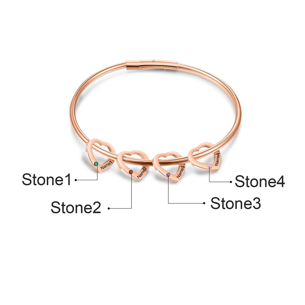 Bracciale Personalizzato da Donna a Forma di Cuore con 4 Nomi e 4 Pietre della Nascita - Argento, Oro o Oro Rosa - Regalo di San Valentino per Lei | Jessemade