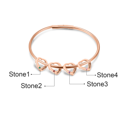 Bracciale Personalizzato da Donna a Forma di Cuore con 4 Nomi e 4 Pietre della Nascita - Argento, Oro o Oro Rosa - Regalo di San Valentino per Lei | Jessemade