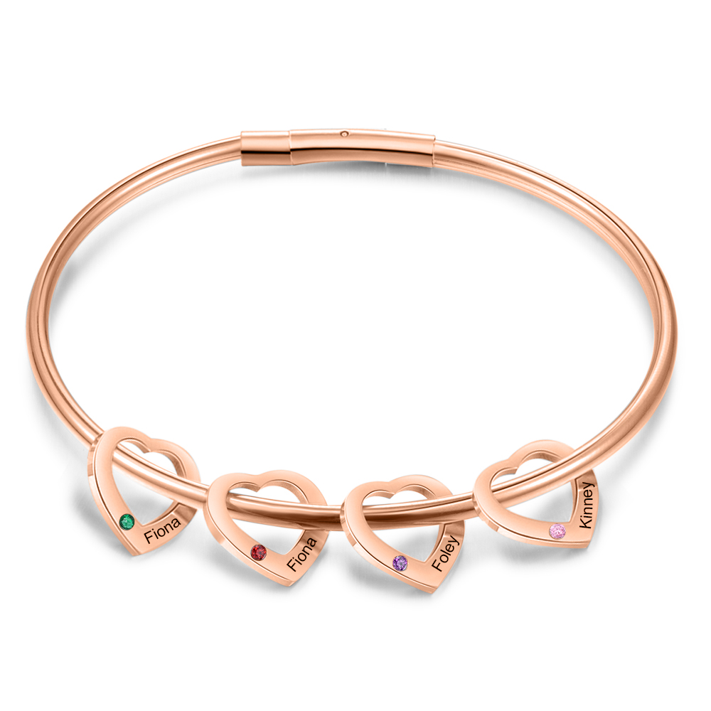 Bracciale Personalizzato da Donna a Forma di Cuore con 4 Nomi e 4 Pietre della Nascita - Argento, Oro o Oro Rosa - Regalo di San Valentino per Lei | Jessemade