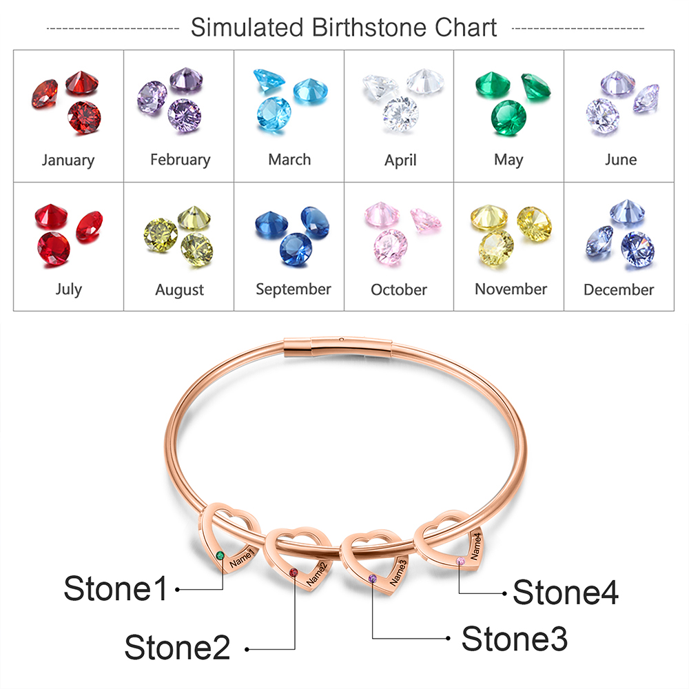 Bracciale Personalizzato da Donna a Forma di Cuore con 4 Nomi e 4 Pietre della Nascita - Argento, Oro o Oro Rosa - Regalo di San Valentino per Lei | Jessemade