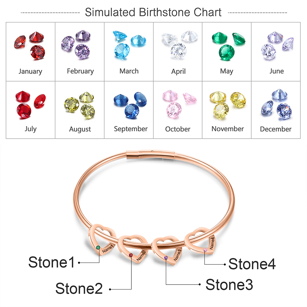 Bracciale Personalizzato da Donna a Forma di Cuore con 4 Nomi e 4 Pietre della Nascita - Argento, Oro o Oro Rosa - Regalo di San Valentino per Lei | Jessemade