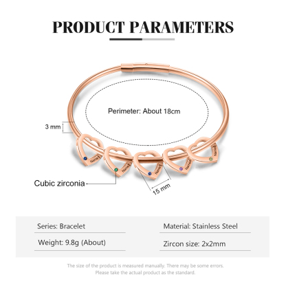 Bracciale Personalizzato da Donna a Forma di Cuore con 5 Nomi e 5 Pietre della Nascita - Argento, Oro o Oro Rosa - Regalo di San Valentino per Lei | Jessemade