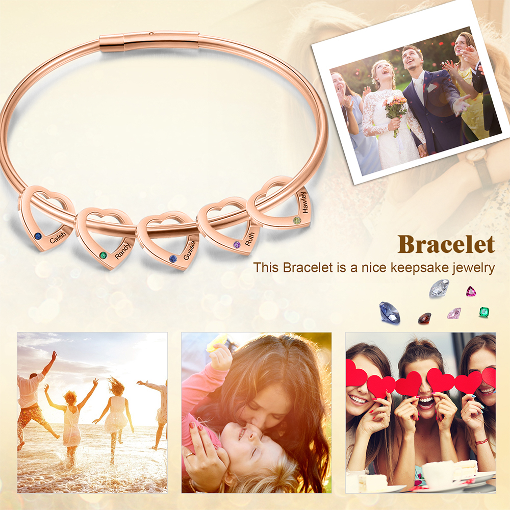 Bracciale Personalizzato da Donna a Forma di Cuore con 5 Nomi e 5 Pietre della Nascita - Argento, Oro o Oro Rosa - Regalo di San Valentino per Lei | Jessemade