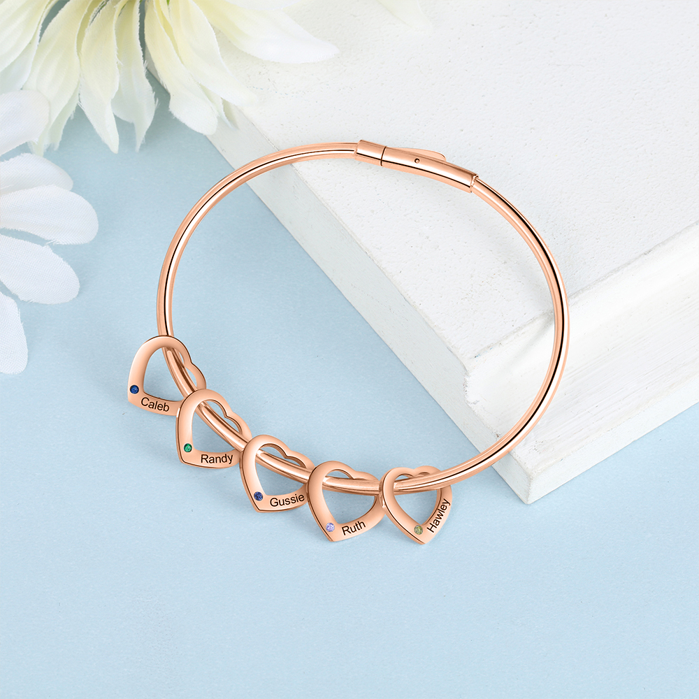 Bracciale Personalizzato da Donna a Forma di Cuore con 5 Nomi e 5 Pietre della Nascita - Argento, Oro o Oro Rosa - Regalo di San Valentino per Lei | Jessemade