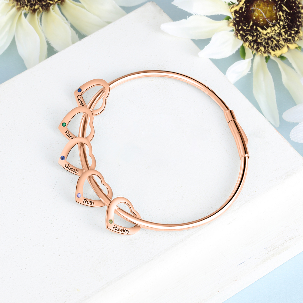 Bracciale Personalizzato da Donna a Forma di Cuore con 5 Nomi e 5 Pietre della Nascita - Argento, Oro o Oro Rosa - Regalo di San Valentino per Lei | Jessemade
