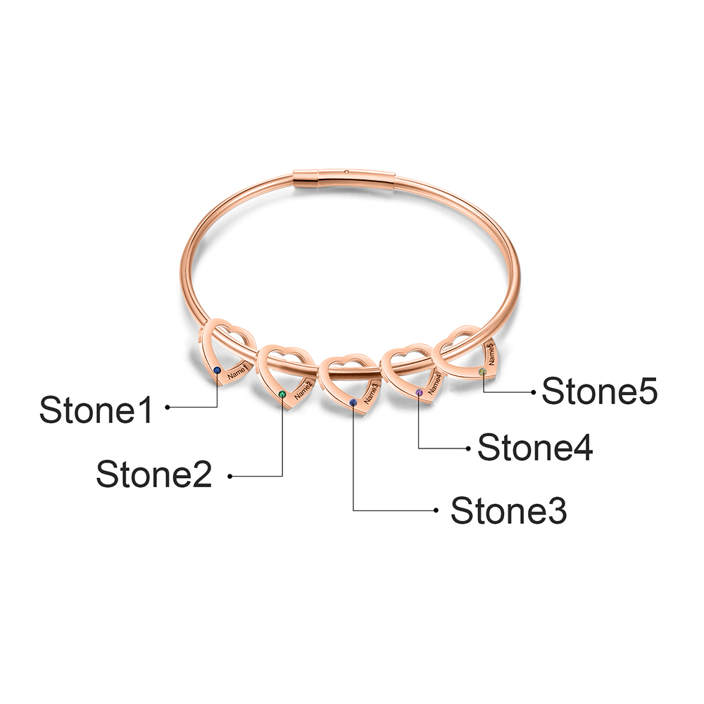 Bracciale Personalizzato da Donna a Forma di Cuore con 5 Nomi e 5 Pietre della Nascita - Argento, Oro o Oro Rosa - Regalo di San Valentino per Lei | Jessemade