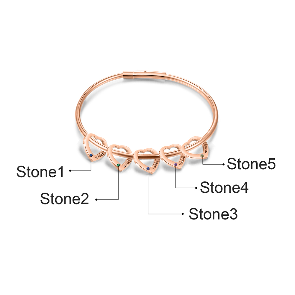 Bracciale Personalizzato da Donna a Forma di Cuore con 5 Nomi e 5 Pietre della Nascita - Argento, Oro o Oro Rosa - Regalo di San Valentino per Lei | Jessemade