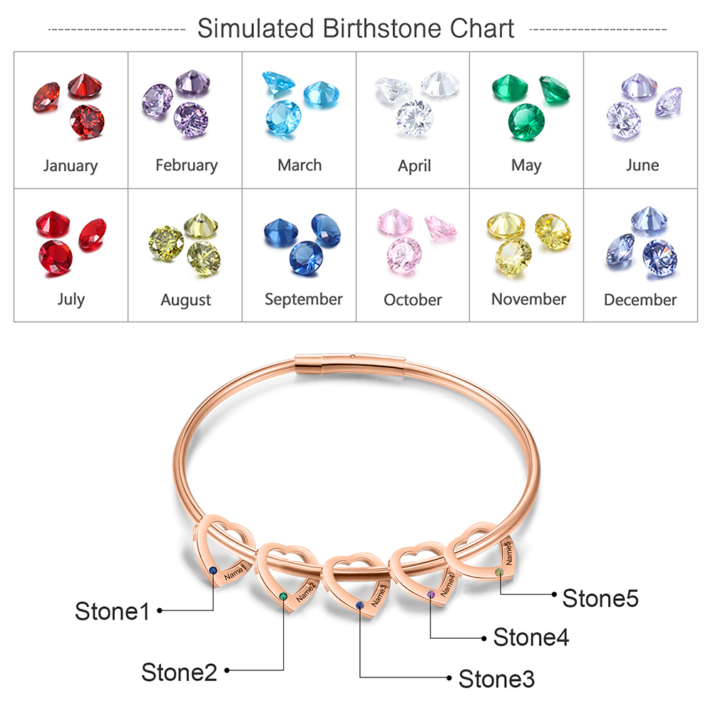 Bracciale Personalizzato da Donna a Forma di Cuore con 5 Nomi e 5 Pietre della Nascita - Argento, Oro o Oro Rosa - Regalo di San Valentino per Lei | Jessemade