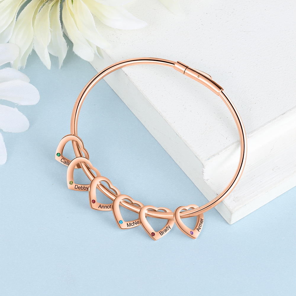 Bracciale Personalizzato da Donna a Forma di Cuore con 6 Nomi e 6 Pietre della Nascita - Argento, Oro o Oro Rosa - Regalo di San Valentino per Lei | Jessemade