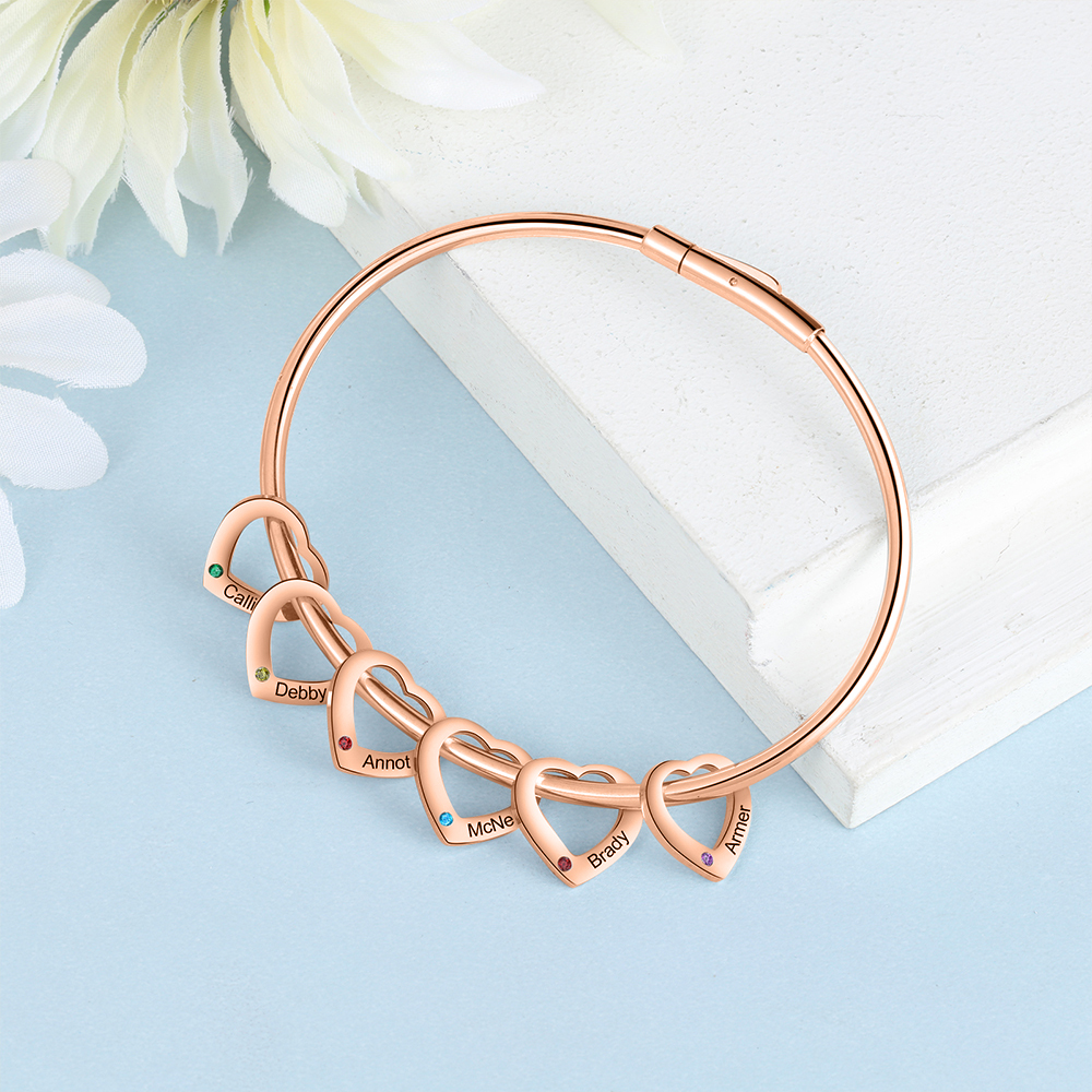 Bracciale Personalizzato da Donna a Forma di Cuore con 6 Nomi e 6 Pietre della Nascita - Argento, Oro o Oro Rosa - Regalo di San Valentino per Lei | Jessemade