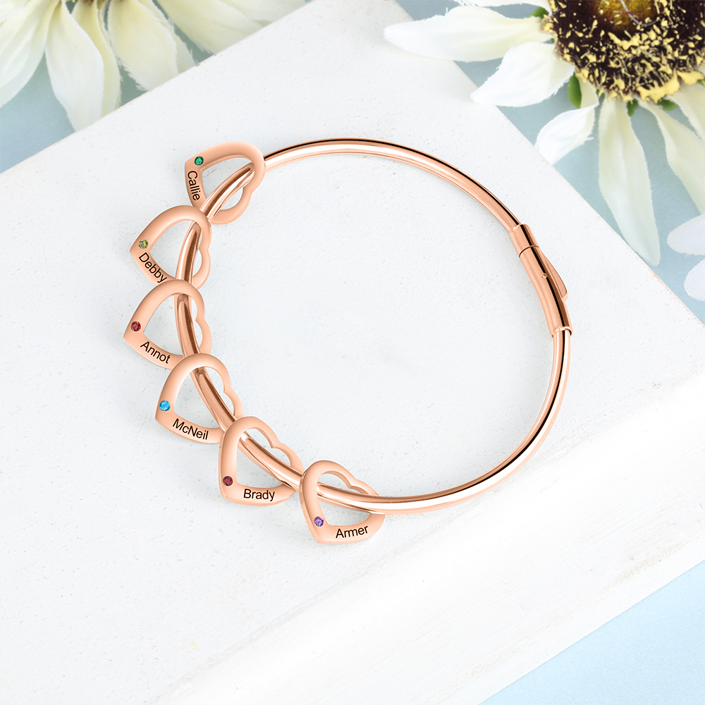 Bracciale Personalizzato da Donna a Forma di Cuore con 6 Nomi e 6 Pietre della Nascita - Argento, Oro o Oro Rosa - Regalo di San Valentino per Lei | Jessemade
