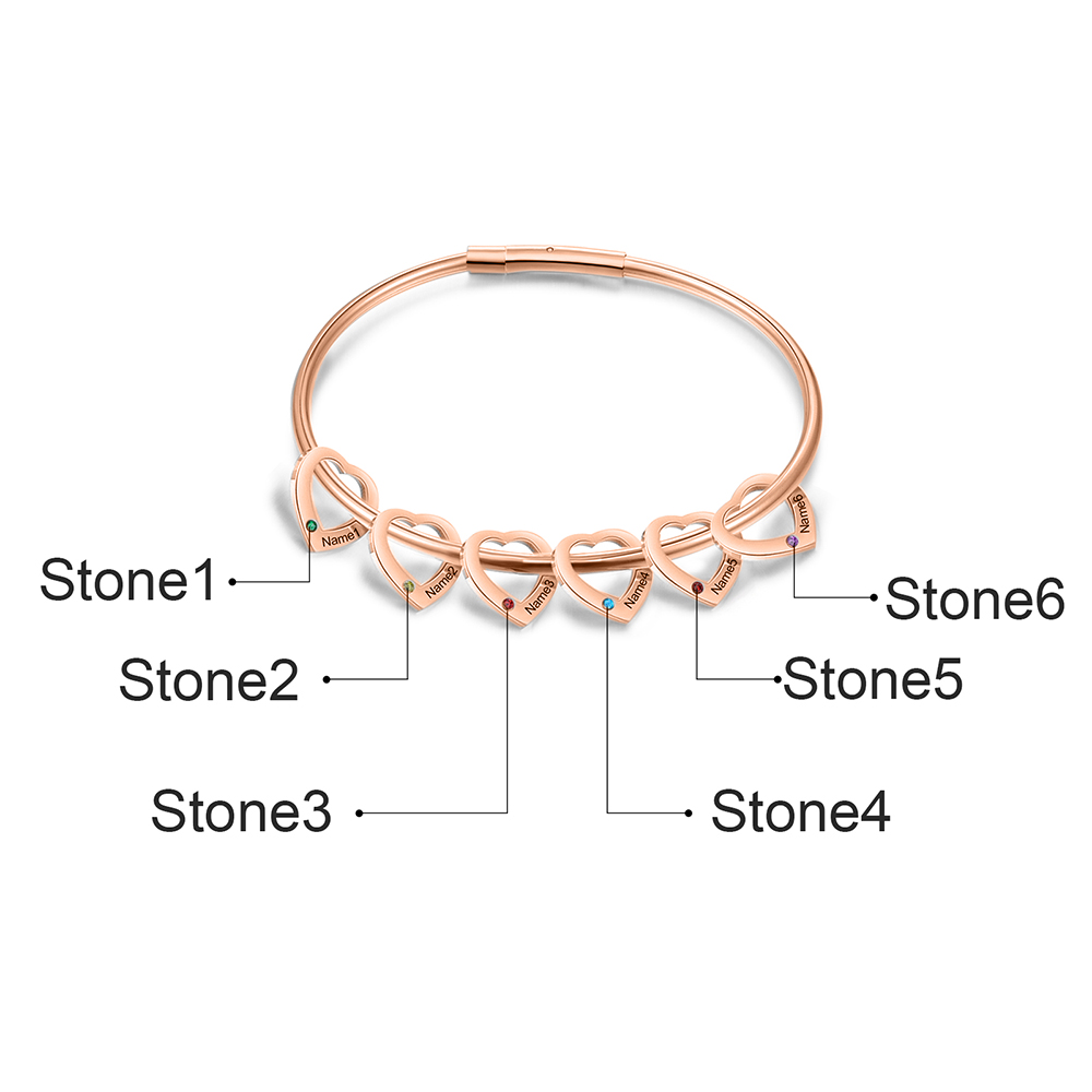 Bracciale Personalizzato da Donna a Forma di Cuore con 6 Nomi e 6 Pietre della Nascita - Argento, Oro o Oro Rosa - Regalo di San Valentino per Lei | Jessemade