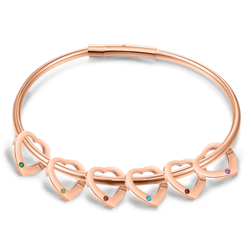 Bracciale Personalizzato da Donna a Forma di Cuore con 6 Nomi e 6 Pietre della Nascita - Argento, Oro o Oro Rosa - Regalo di San Valentino per Lei | Jessemade