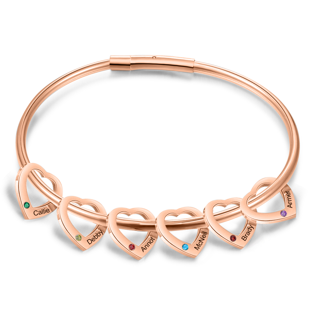 Bracciale Personalizzato da Donna a Forma di Cuore con 6 Nomi e 6 Pietre della Nascita - Argento, Oro o Oro Rosa - Regalo di San Valentino per Lei | Jessemade