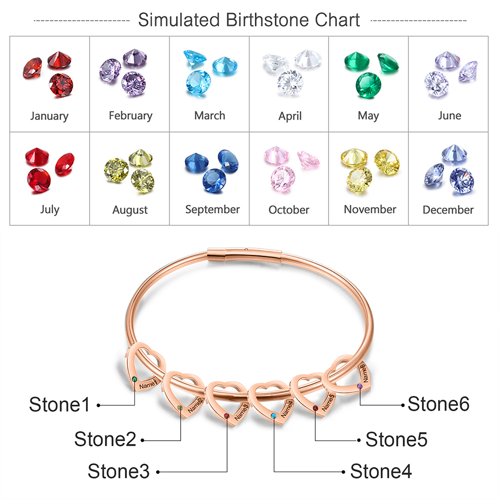 Bracciale Personalizzato da Donna a Forma di Cuore con 6 Nomi e 6 Pietre della Nascita - Argento, Oro o Oro Rosa - Regalo di San Valentino per Lei | Jessemade