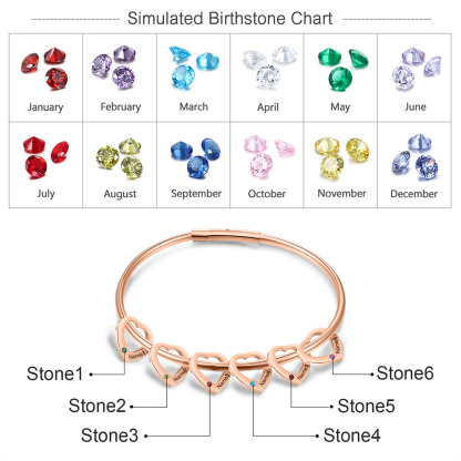 Bracciale Personalizzato da Donna a Forma di Cuore con 6 Nomi e 6 Pietre della Nascita - Argento, Oro o Oro Rosa - Regalo di San Valentino per Lei | Jessemade