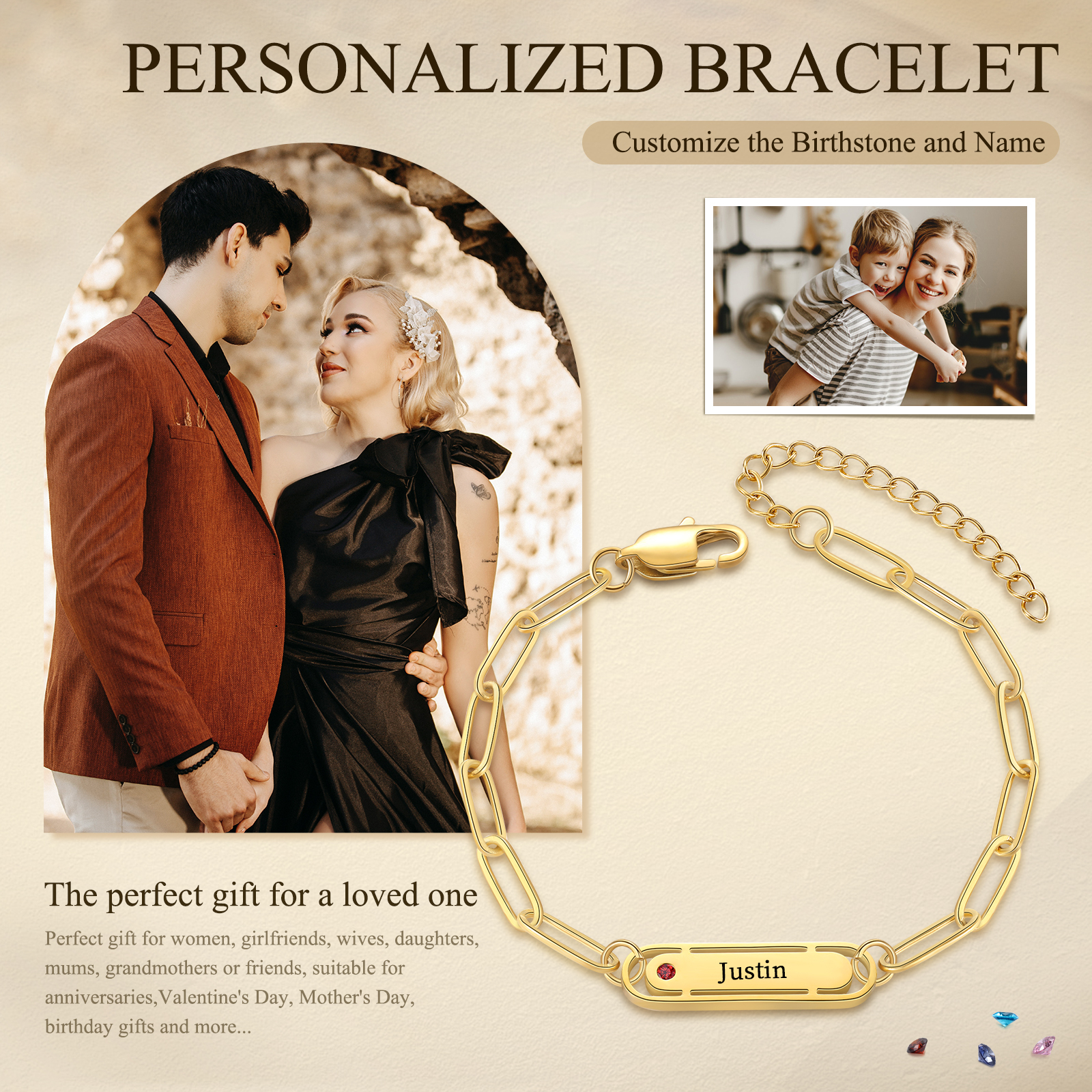 Personalised Gold Women's Bracelet – Custom Birthstone and Engraved Name, Elegant Chain Design, Perfect Gift for Mum, Wife, or Friend | Jessemade