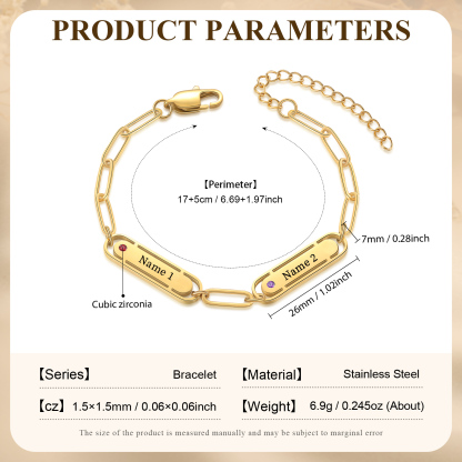 Personalised Gold Women's Bracelet – Custom 2 Birthstones and 2 Engraved Names, Elegant Chain Design, Perfect Gift for Mum, Wife, or Friend | Jessemade