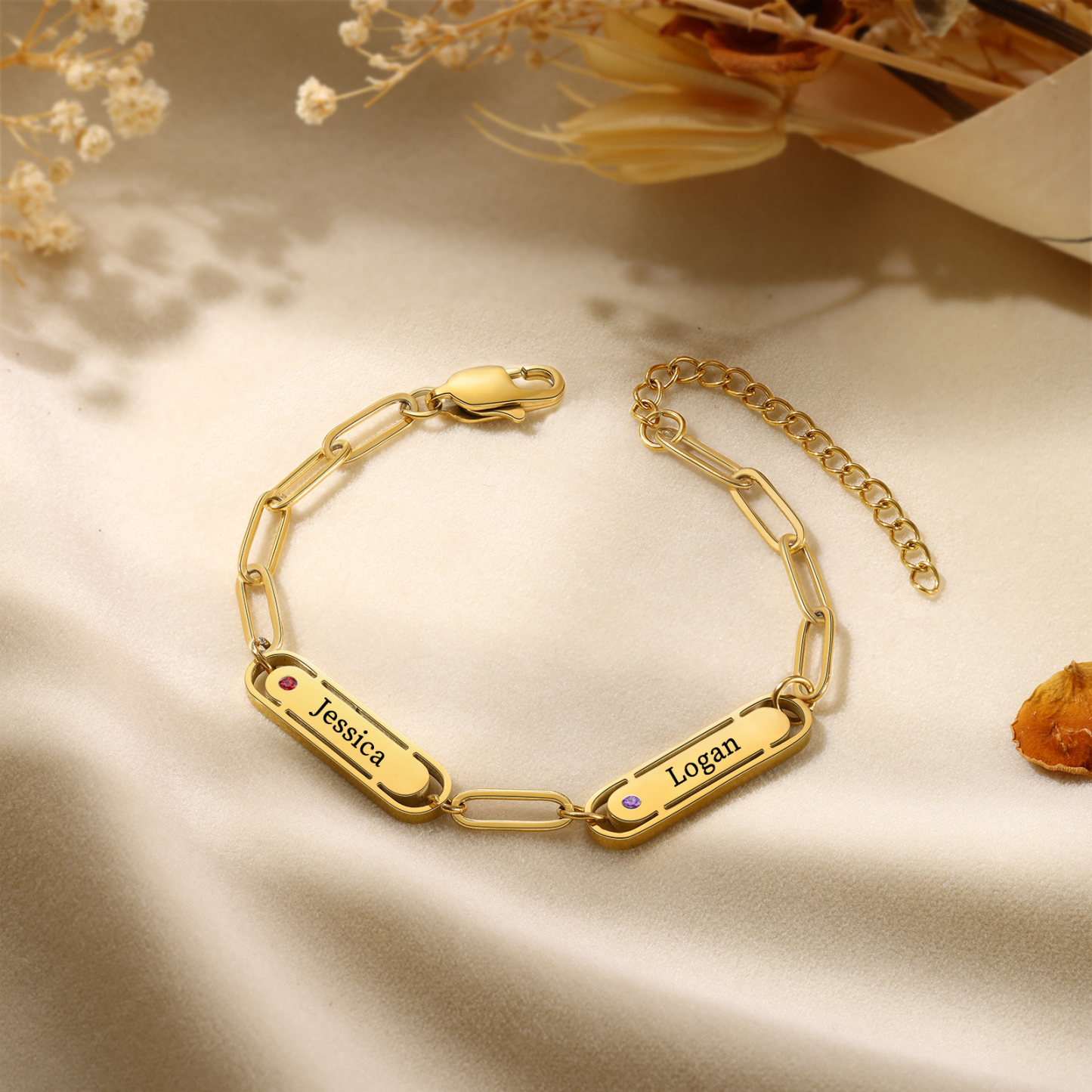 Personalised Gold Women's Bracelet – Custom 2 Birthstones and 2 Engraved Names, Elegant Chain Design, Perfect Gift for Mum, Wife, or Friend | Jessemade