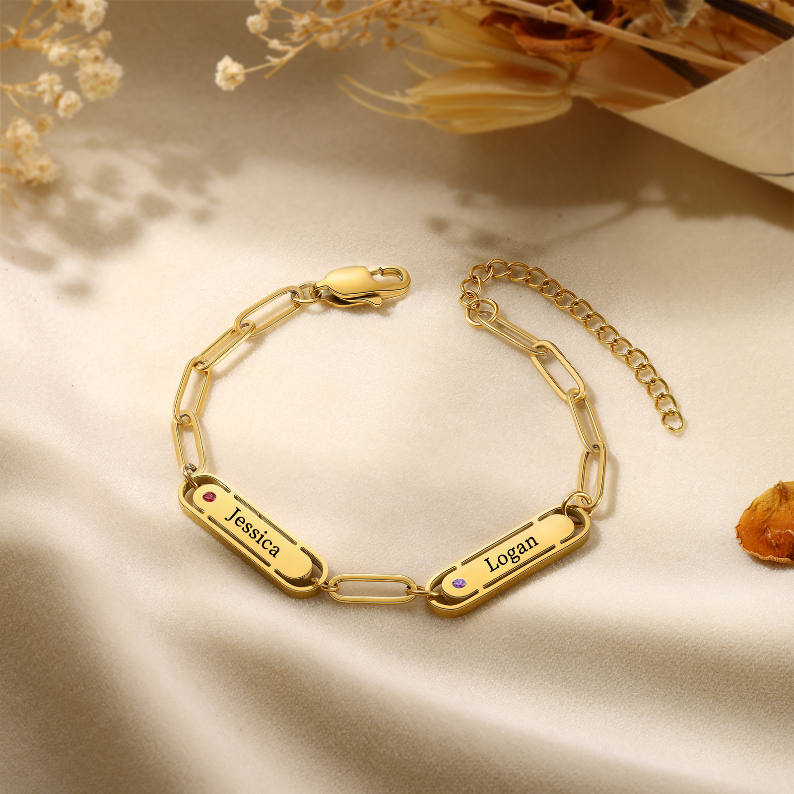 Personalised Gold Women's Bracelet – Custom 2 Birthstones and 2 Engraved Names, Elegant Chain Design, Perfect Gift for Mum, Wife, or Friend | Jessemade