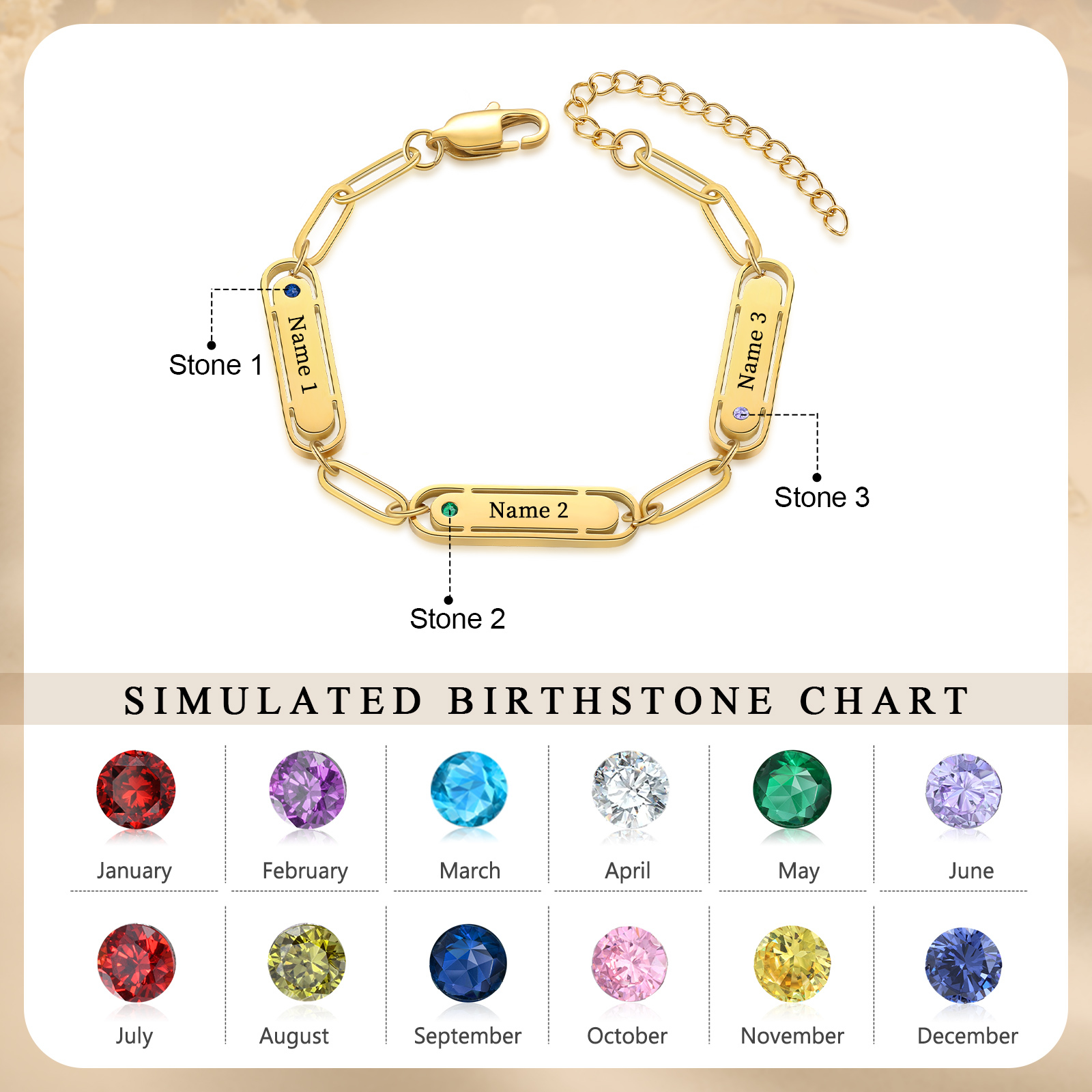 Personalised Gold Women's Bracelet – Custom 3 Birthstones and 3 Engraved Names, Elegant Chain Design, Perfect Gift for Mum, Wife, or Friend | Jessemade