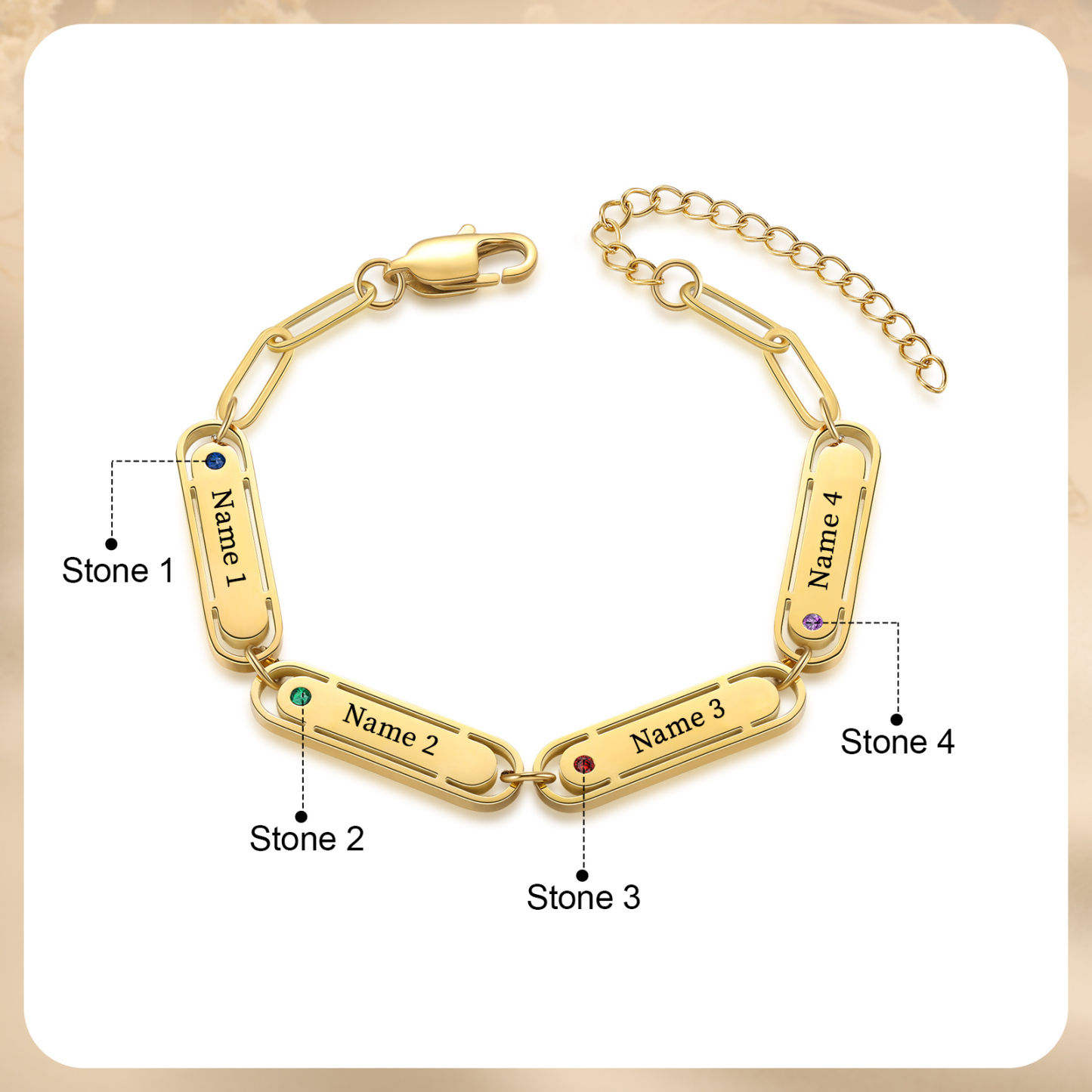 Personalised Gold Women's Bracelet – Custom 4 Birthstones and 4 Engraved Names, Elegant Chain Design, Perfect Gift for Mum, Wife, or Friend | Jessemade